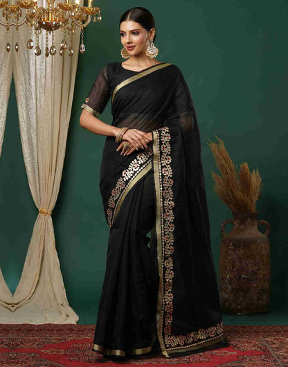 Black Cotton Plain Gotta Patti Saree