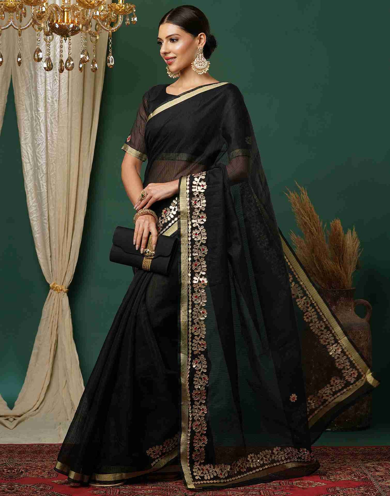 Black Cotton Plain Gotta Patti Saree