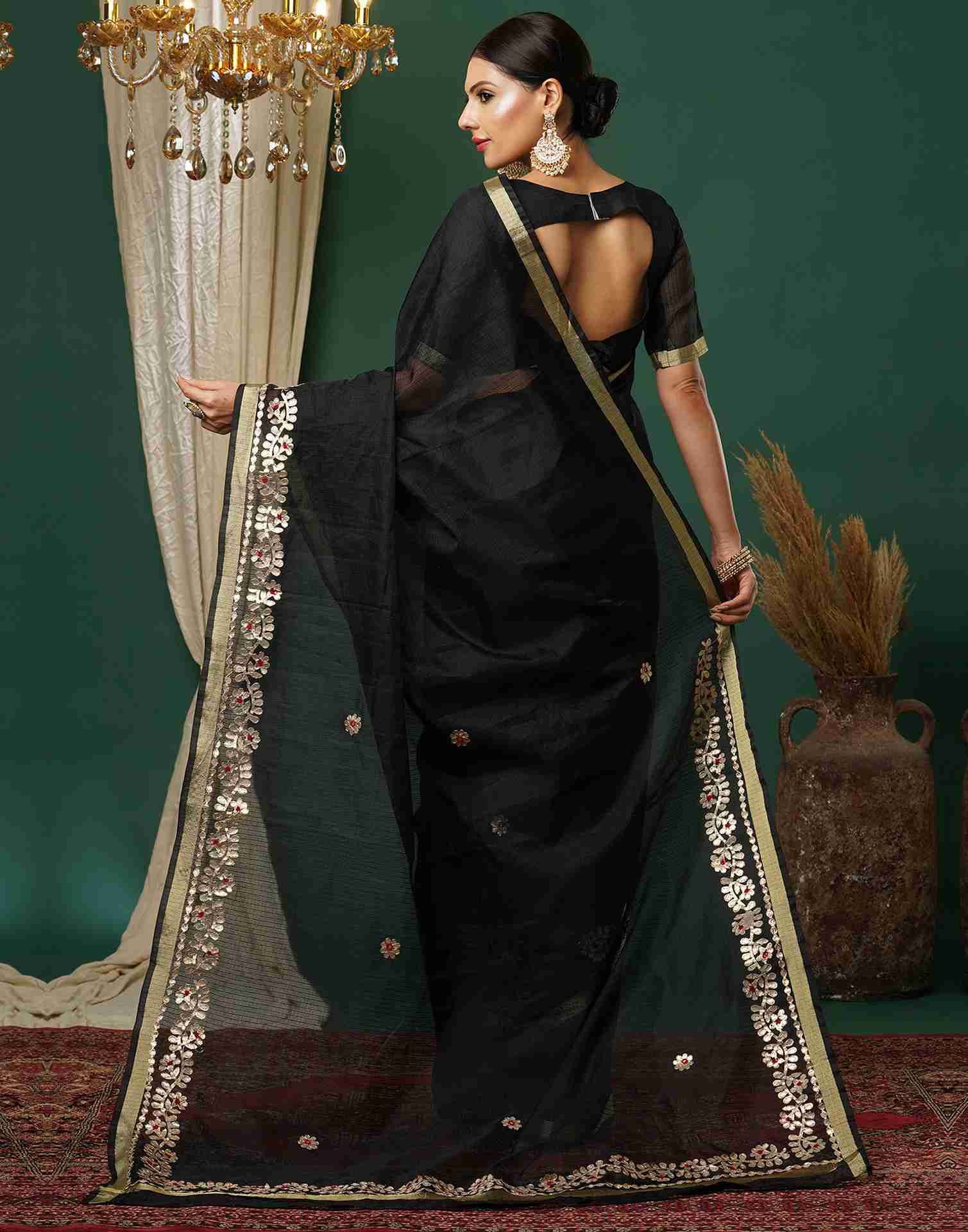 Black Cotton Plain Gotta Patti Saree