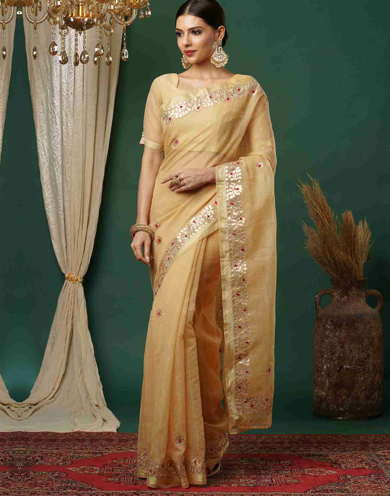 Beige Cotton Plain Gotta Patti Saree