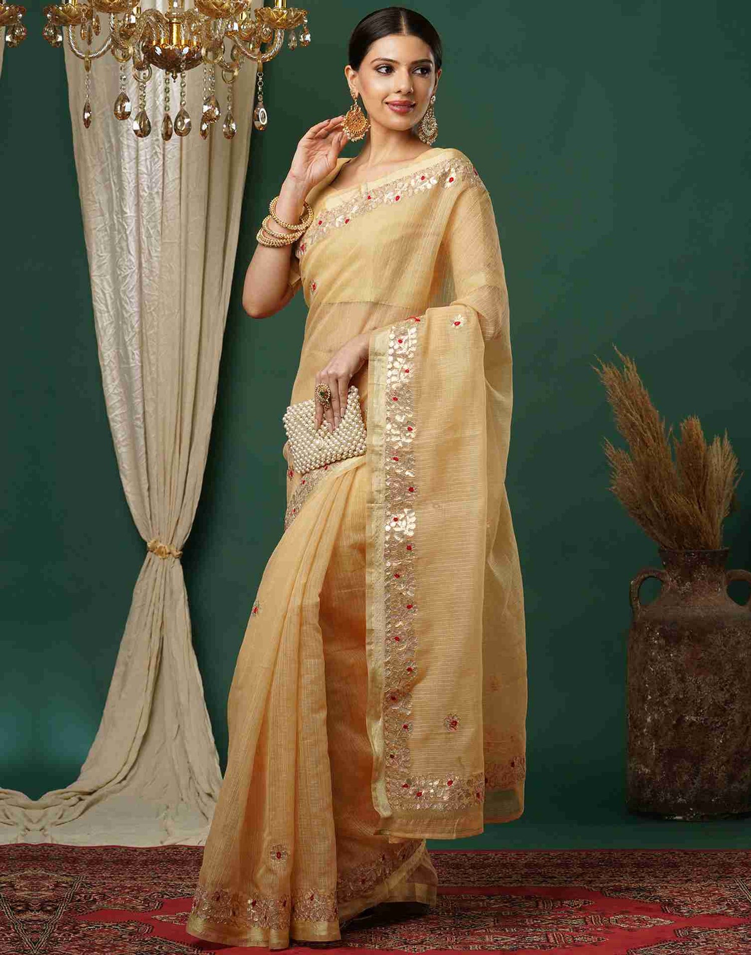 Beige Cotton Plain Gotta Patti Saree