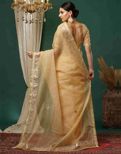 Beige Cotton Plain Gotta Patti Saree