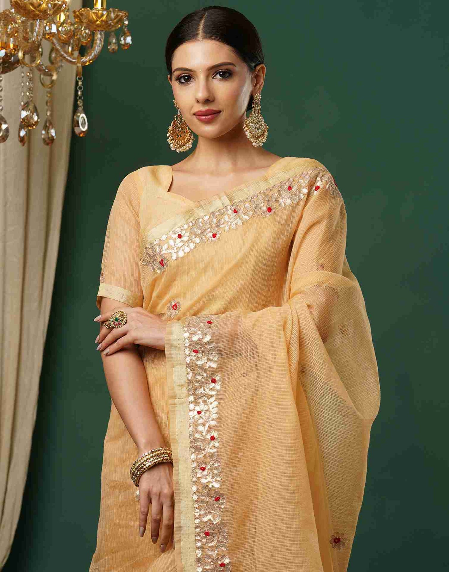 Beige Cotton Plain Gotta Patti Saree