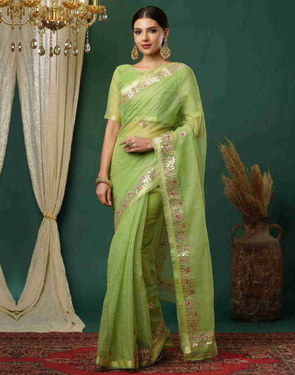 Light Green Cotton Plain Gotta Patti Saree