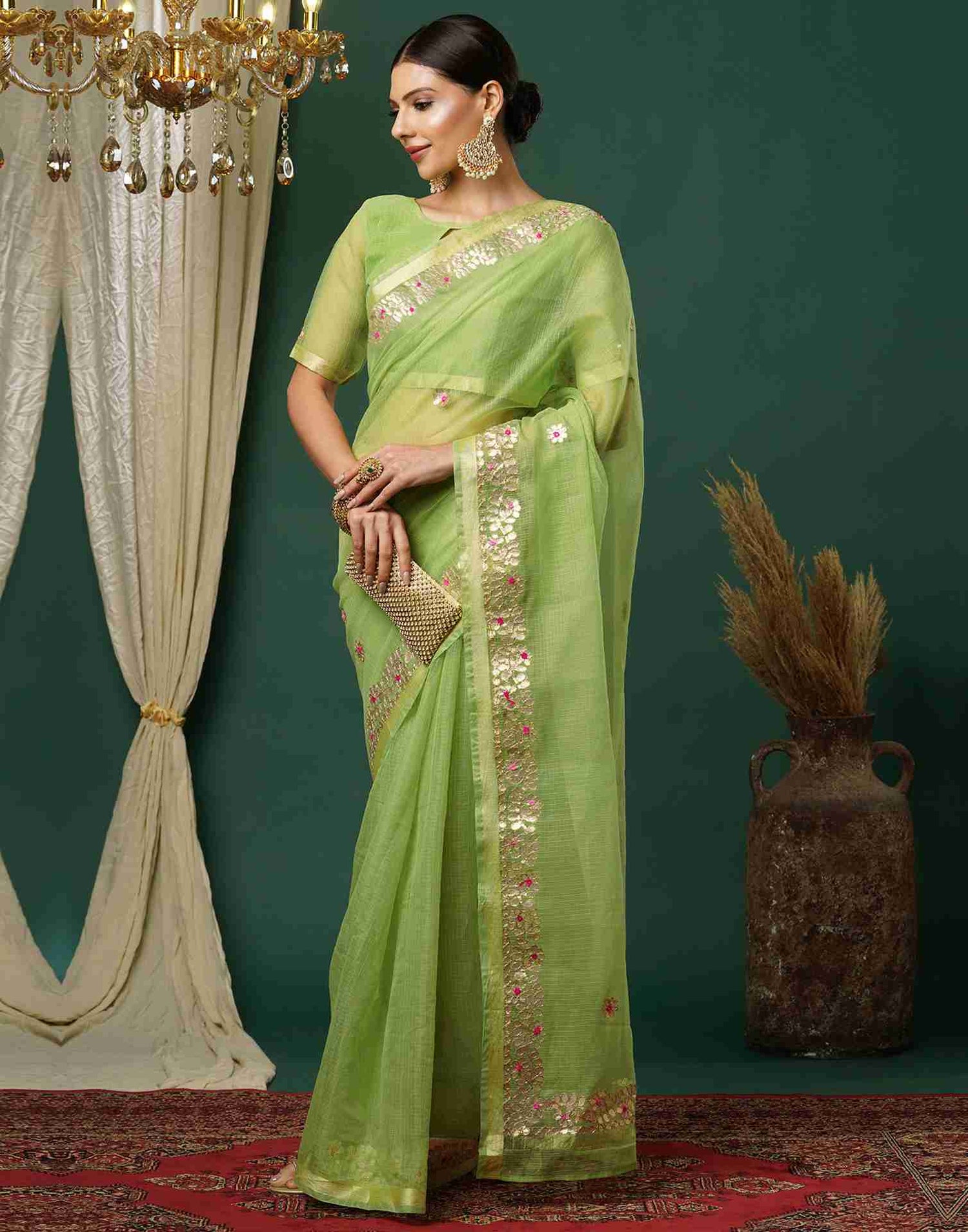 Light Green Cotton Plain Gotta Patti Saree