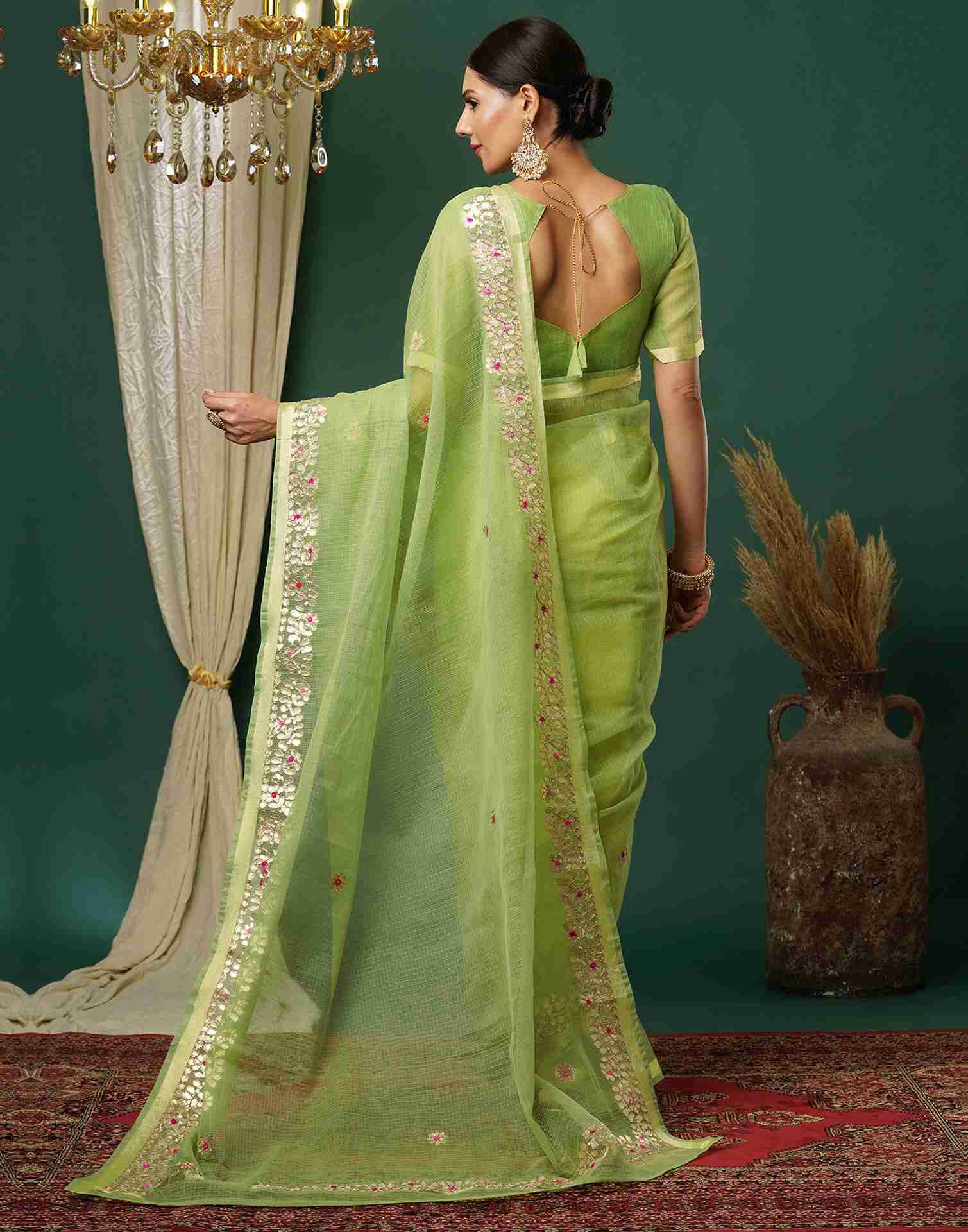 Light Green Cotton Plain Gotta Patti Saree