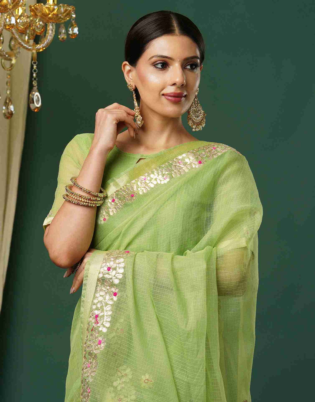 Light Green Cotton Plain Gotta Patti Saree