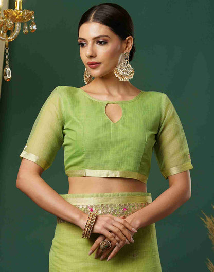 Light Green Cotton Plain Gotta Patti Saree