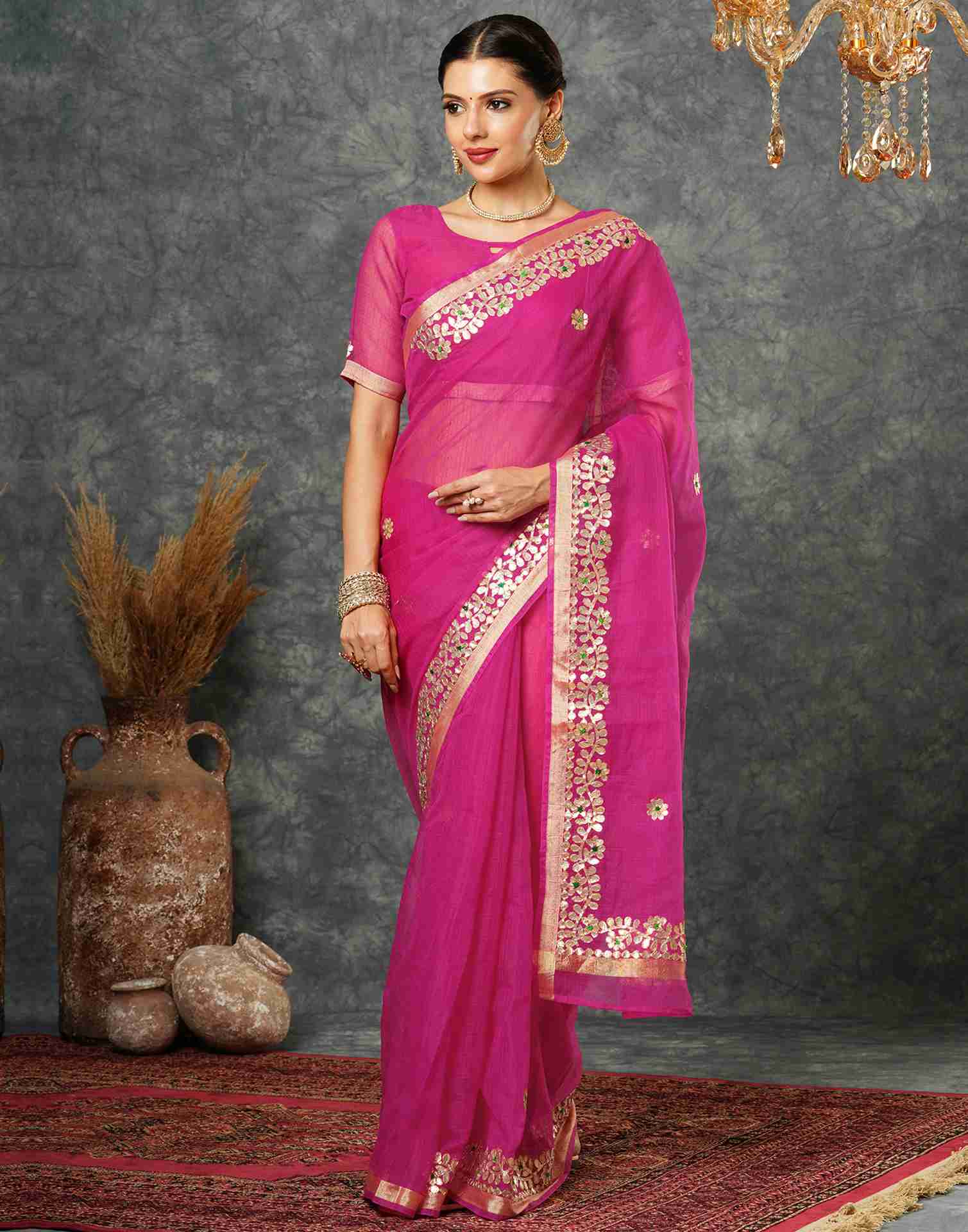 Rani Pink Cotton Plain Gotta Patti Saree