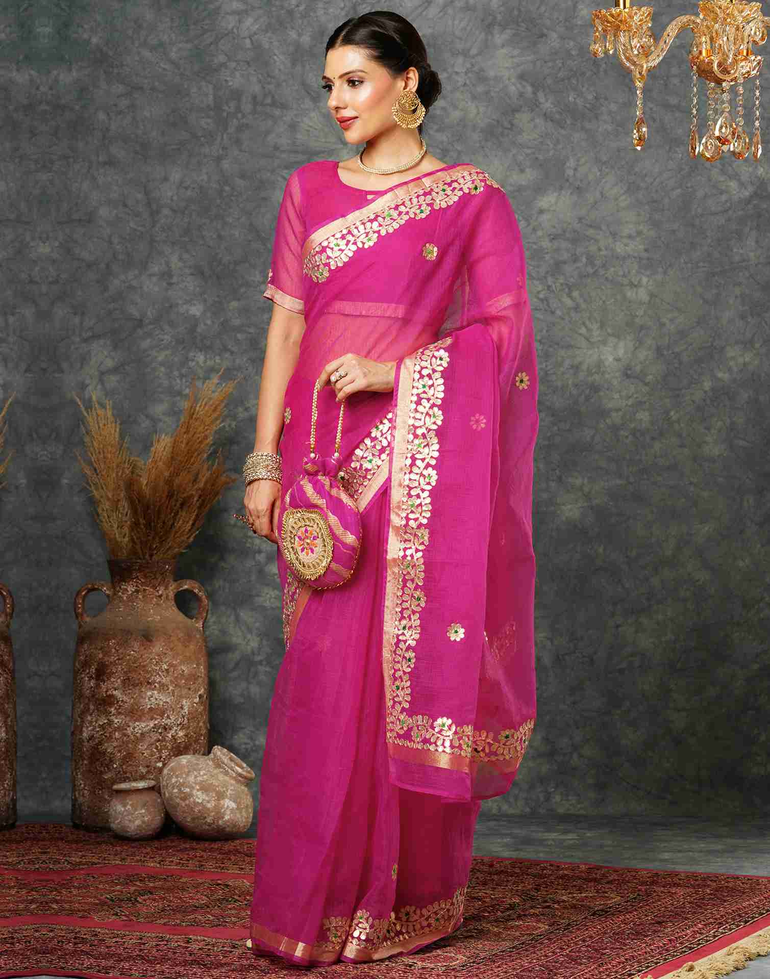 Rani Pink Cotton Plain Gotta Patti Saree