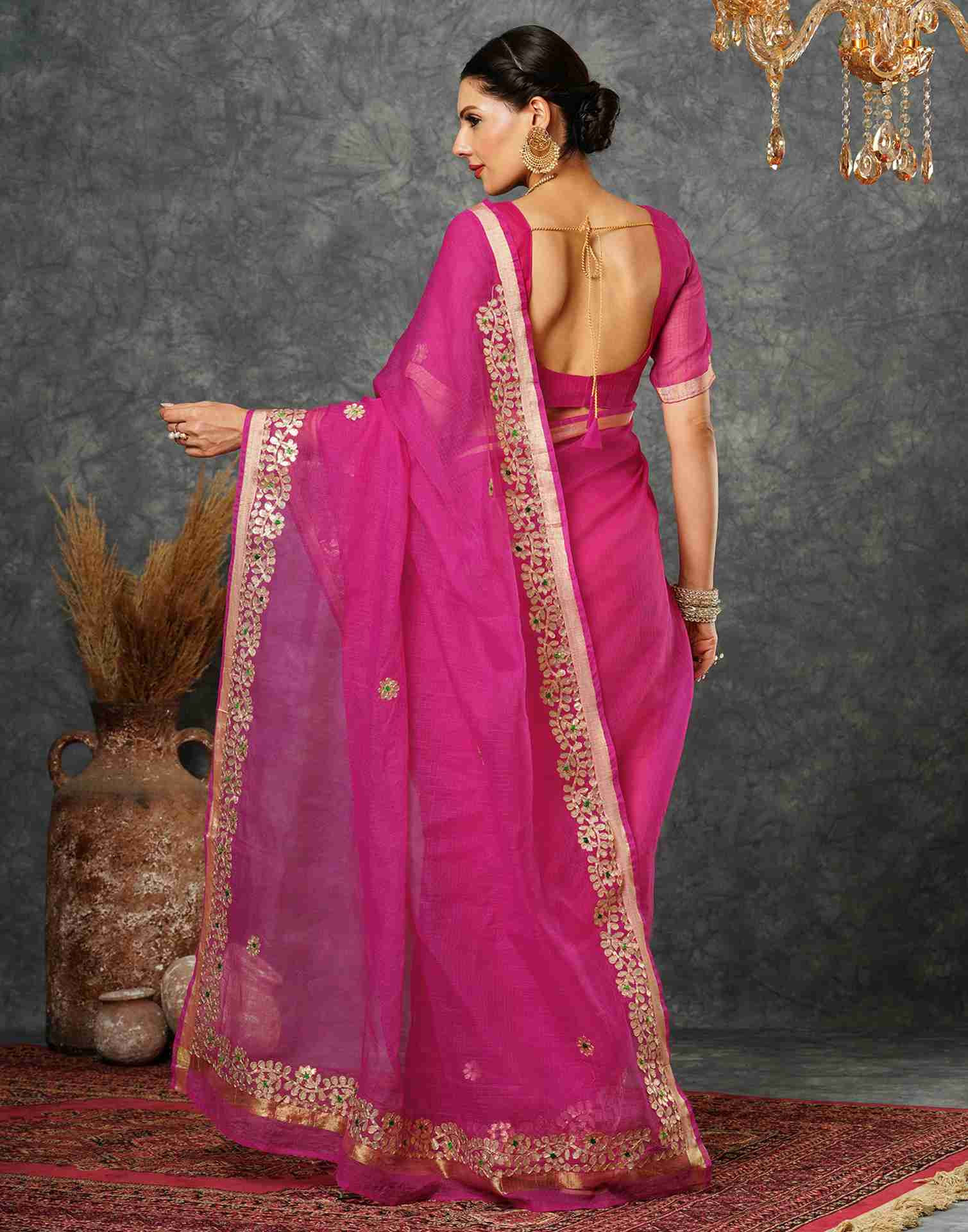 Rani Pink Cotton Plain Gotta Patti Saree