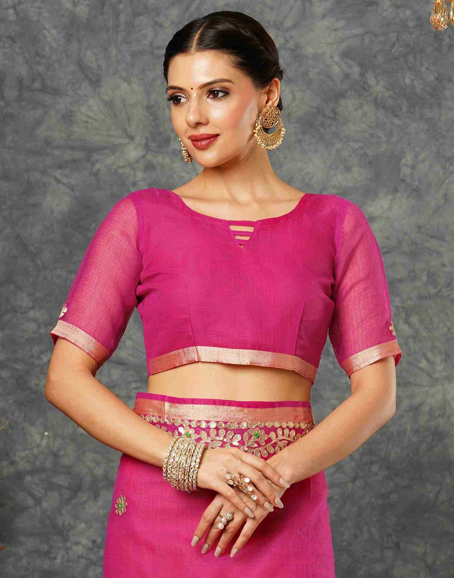 Rani Pink Cotton Plain Gotta Patti Saree