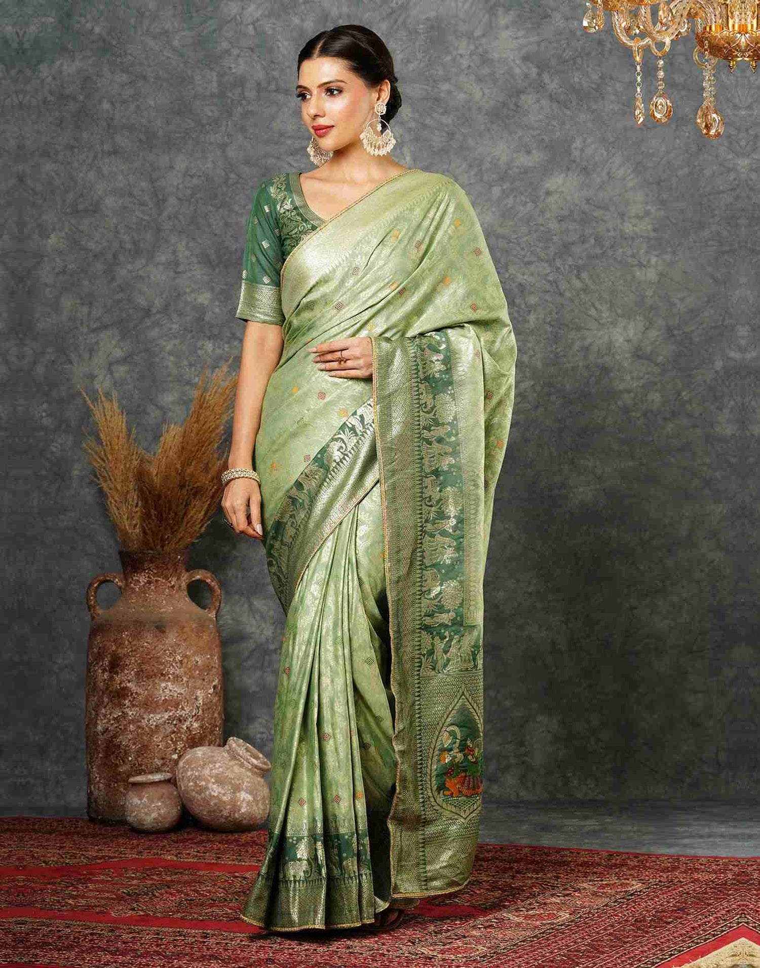 Pista Green Cotton Woven Banarasi Saree