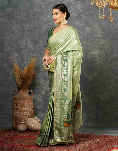 Pista Green Cotton Woven Banarasi Saree