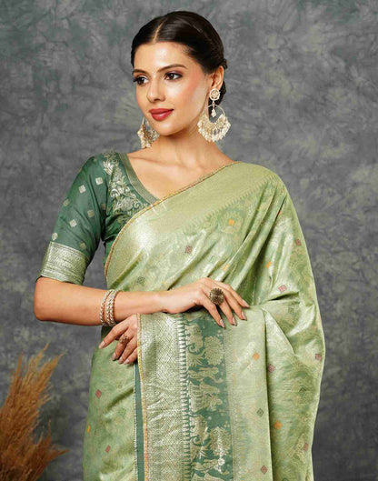 Pista Green Cotton Woven Banarasi Saree