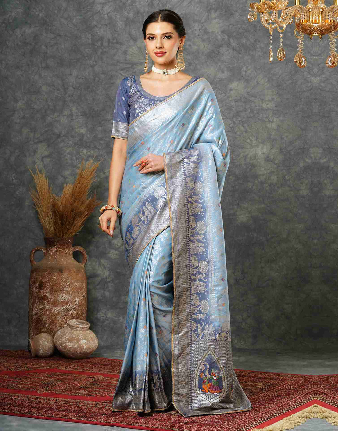 Blue Cotton Woven Banarasi Saree