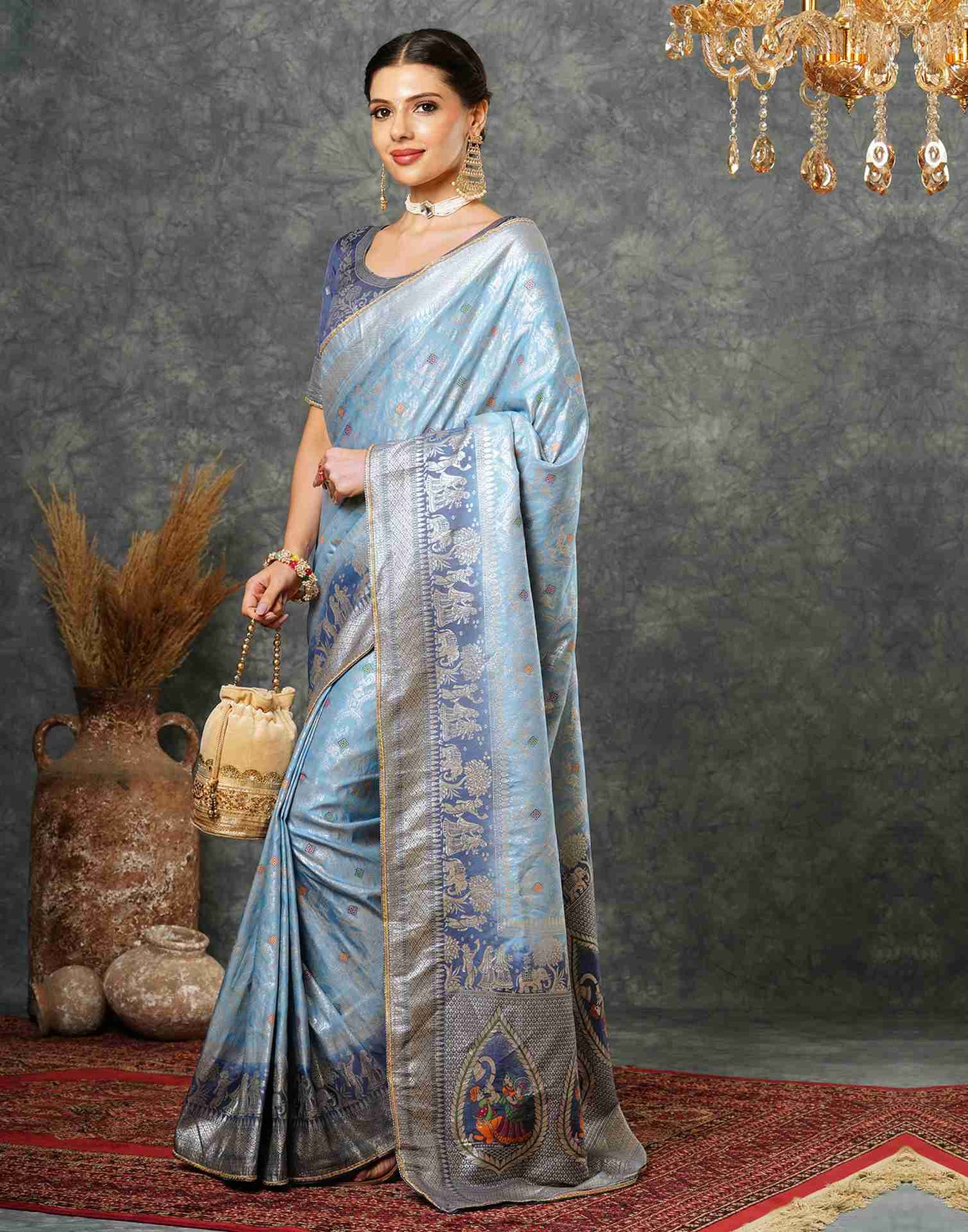 Blue Cotton Woven Banarasi Saree