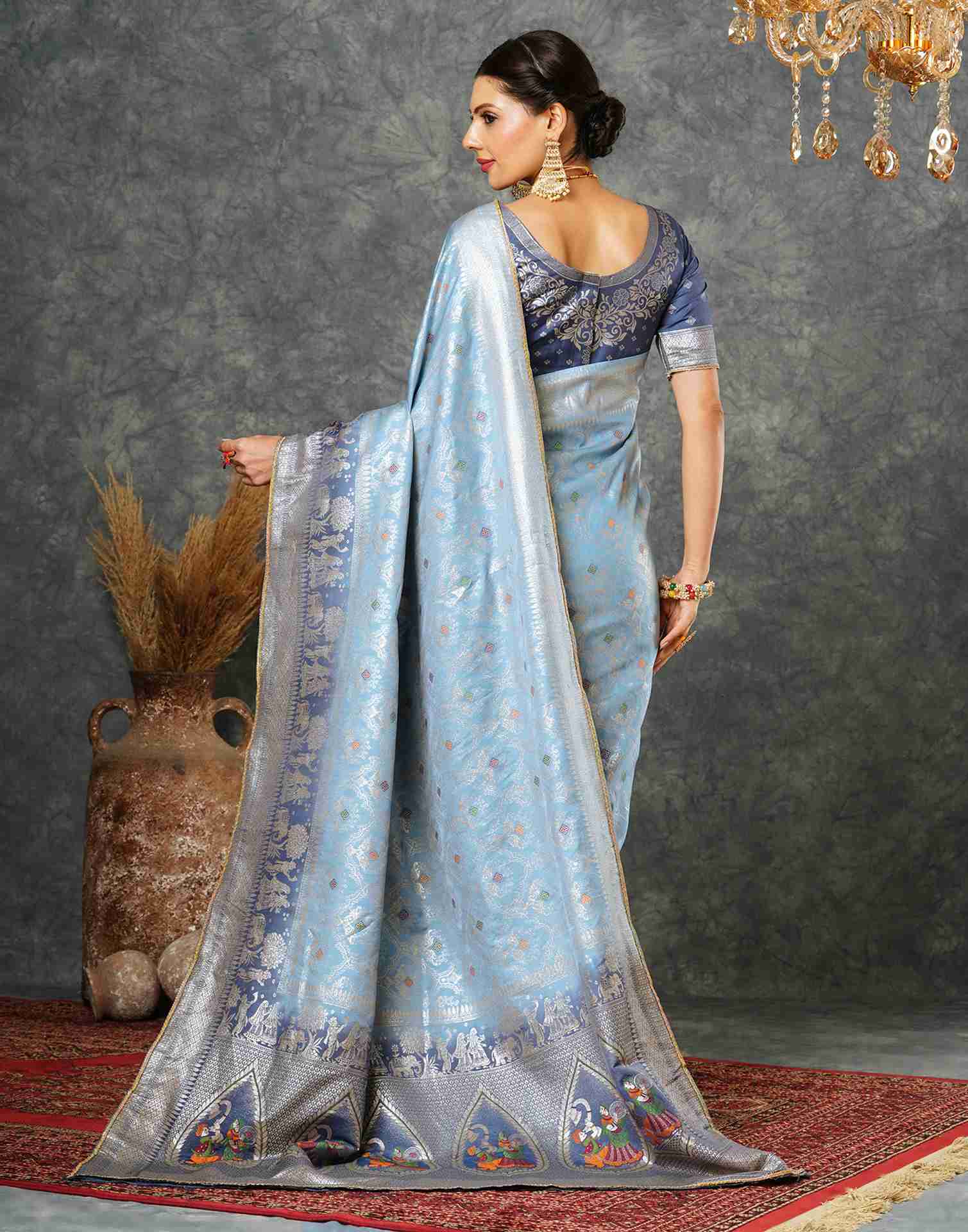 Blue Cotton Woven Banarasi Saree