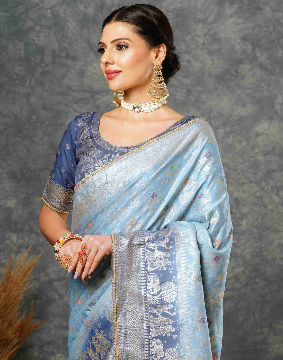 Blue Cotton Woven Banarasi Saree