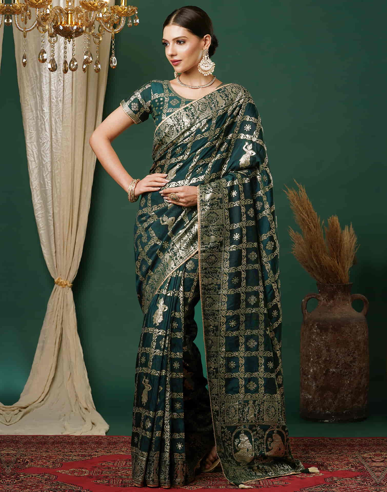 Dark Green Woven Banarasi Cotton Saree