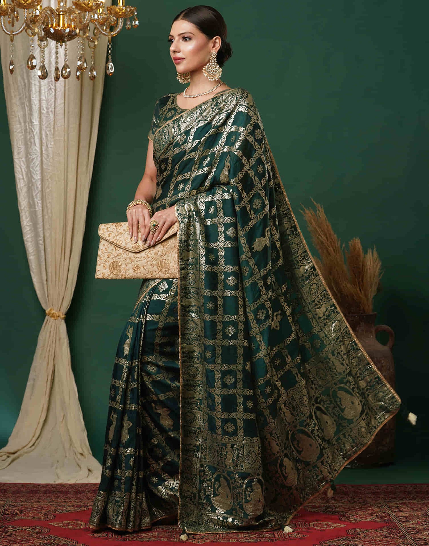 Dark Green Woven Banarasi Cotton Saree