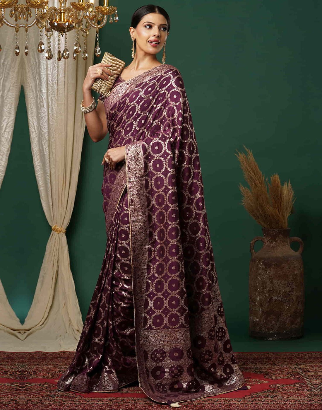 Wine Woven Banarasi Cotton Saree