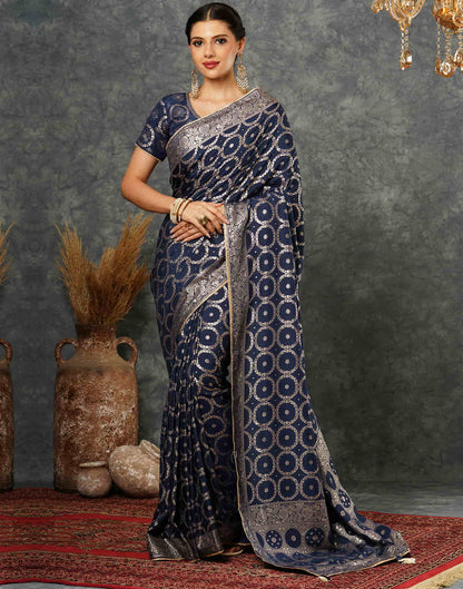 Navy Blue Woven Banarasi Cotton Saree