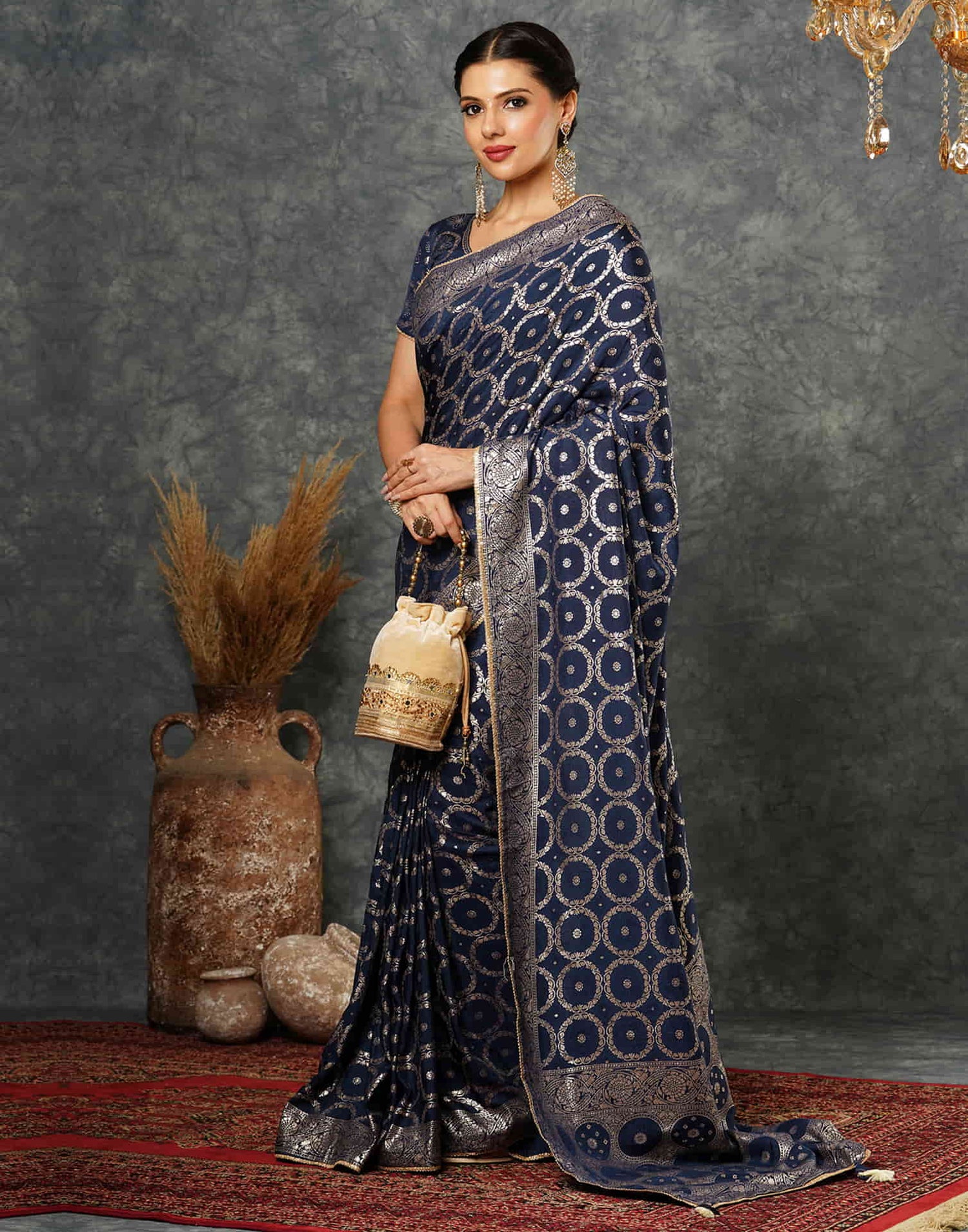 Navy Blue Woven Banarasi Cotton Saree