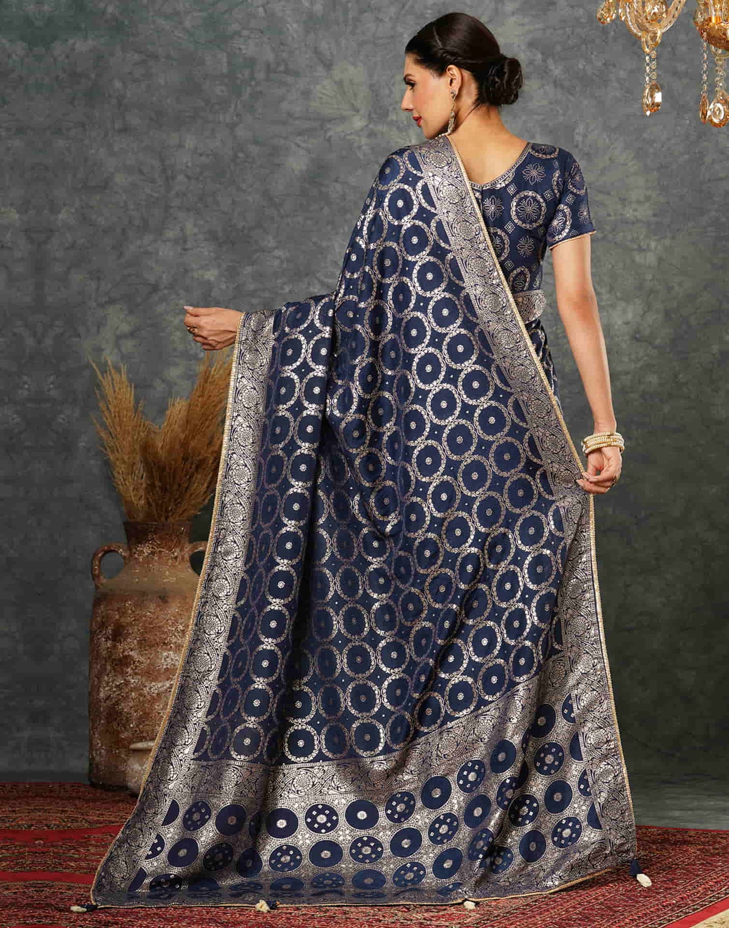 Navy Blue Woven Banarasi Cotton Saree