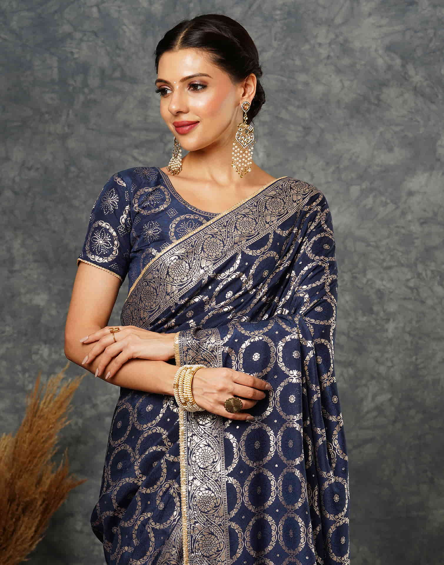 Navy Blue Woven Banarasi Cotton Saree