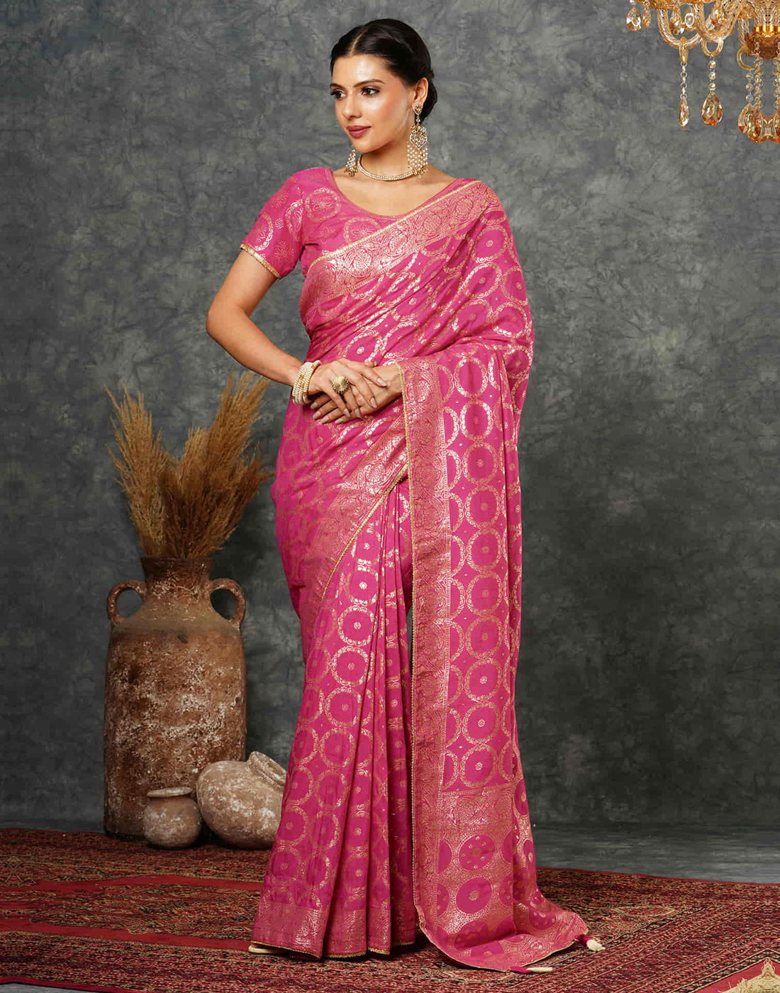 Bright Pink Woven Banarasi Cotton Saree