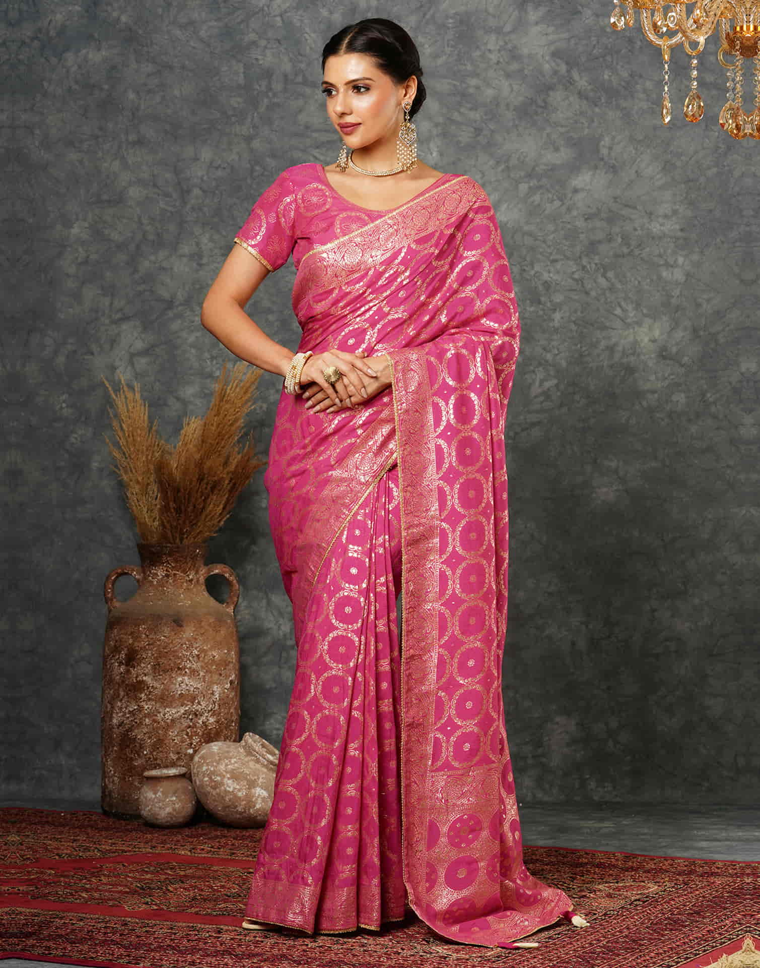 Bright Pink Woven Banarasi Cotton Saree