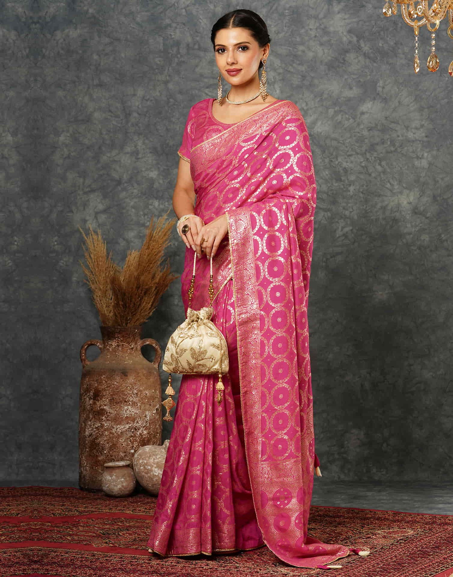 Bright Pink Woven Banarasi Cotton Saree