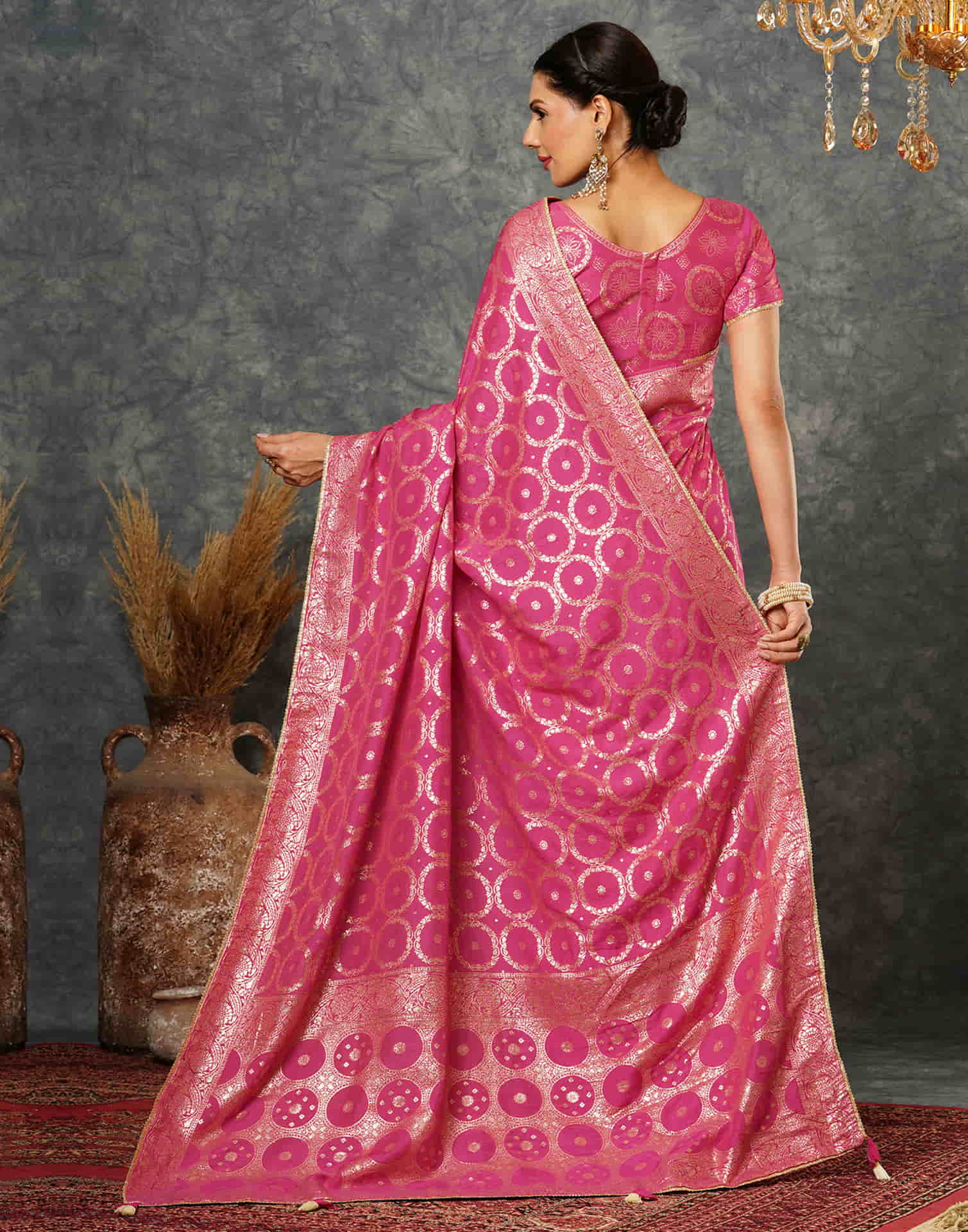 Bright Pink Woven Banarasi Cotton Saree