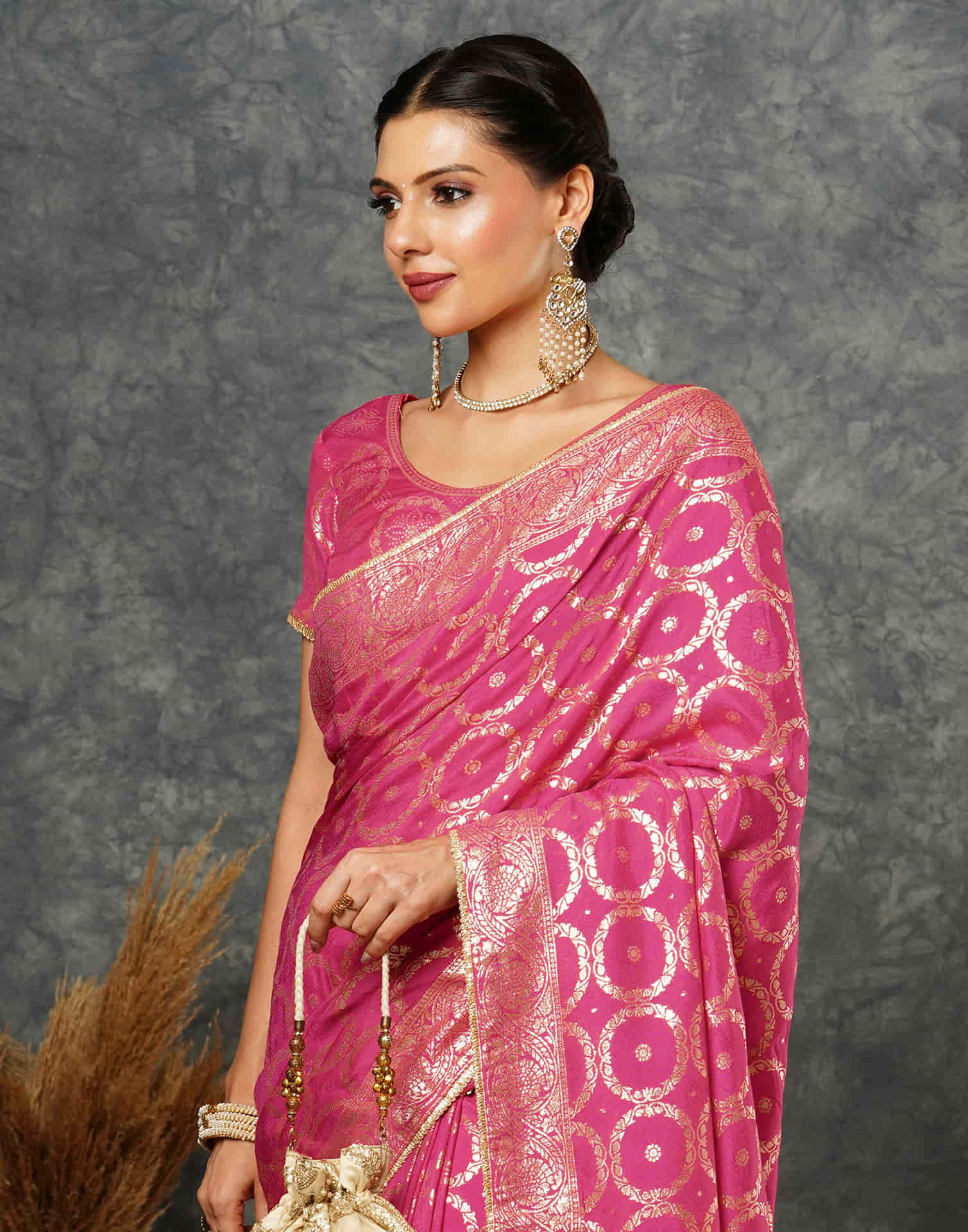 Bright Pink Woven Banarasi Cotton Saree