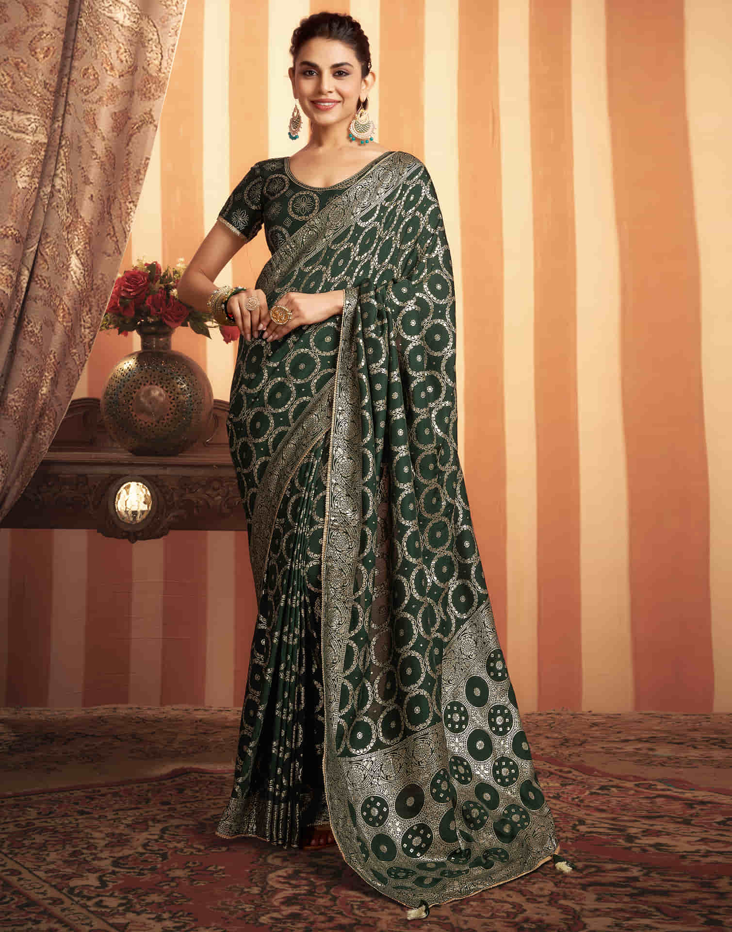 Dark Green Woven Banarasi Cotton Saree