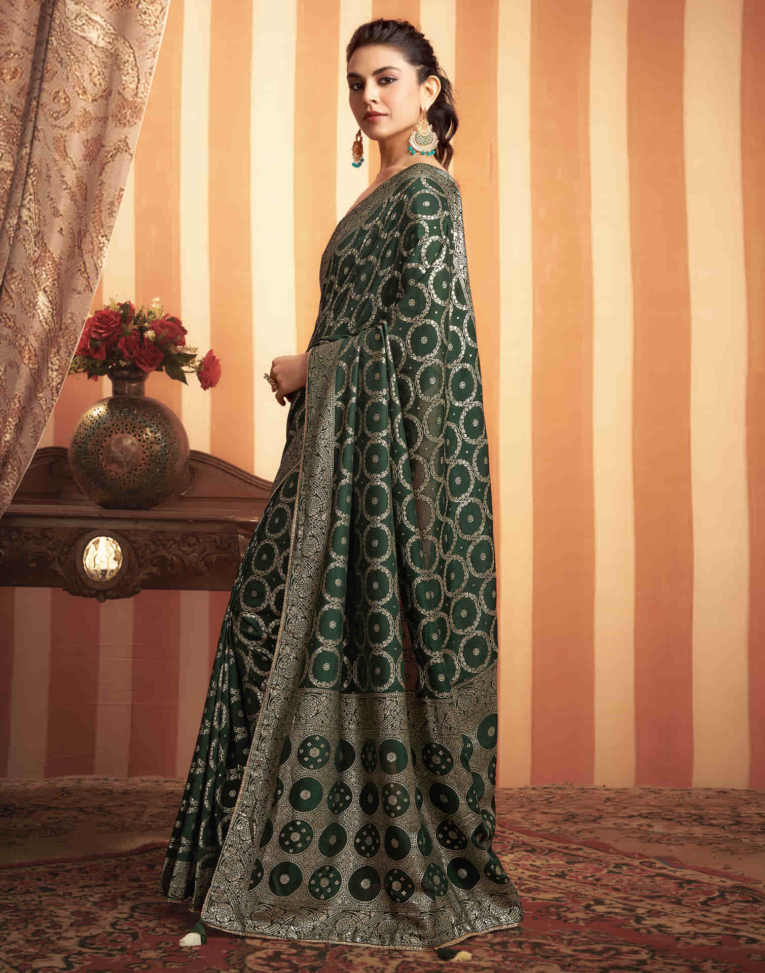 Dark Green Woven Banarasi Cotton Saree