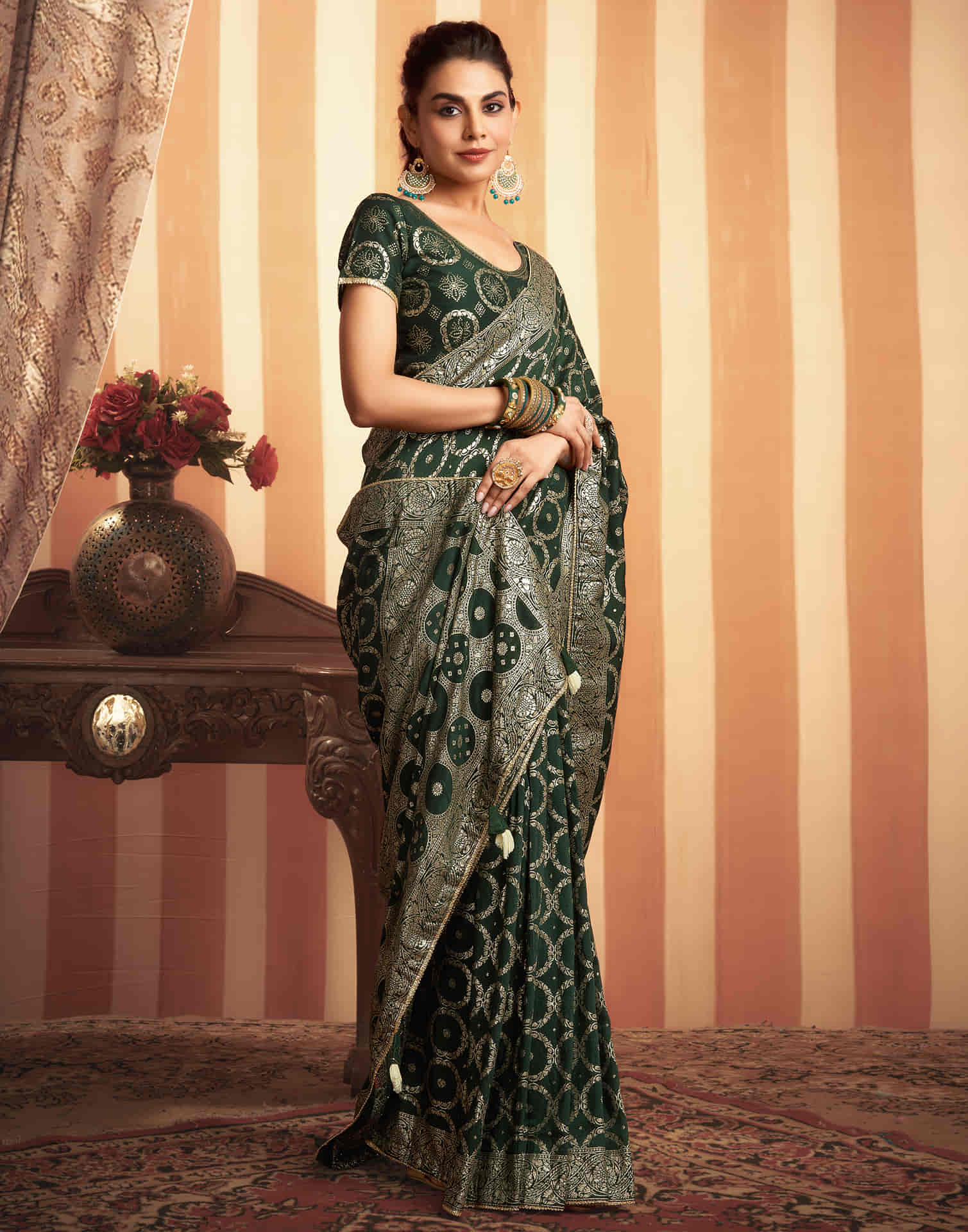 Dark Green Woven Banarasi Cotton Saree