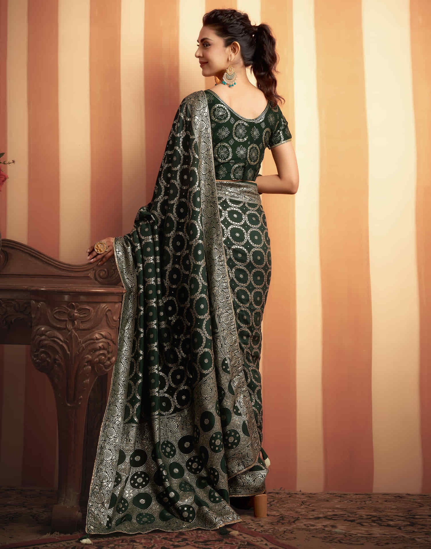 Dark Green Woven Banarasi Cotton Saree