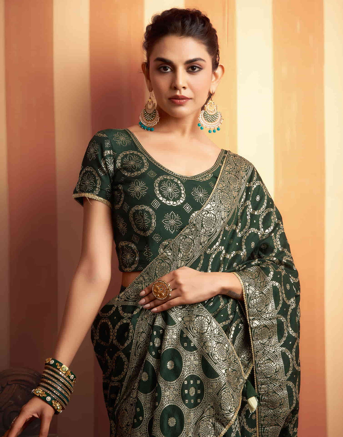 Dark Green Woven Banarasi Cotton Saree