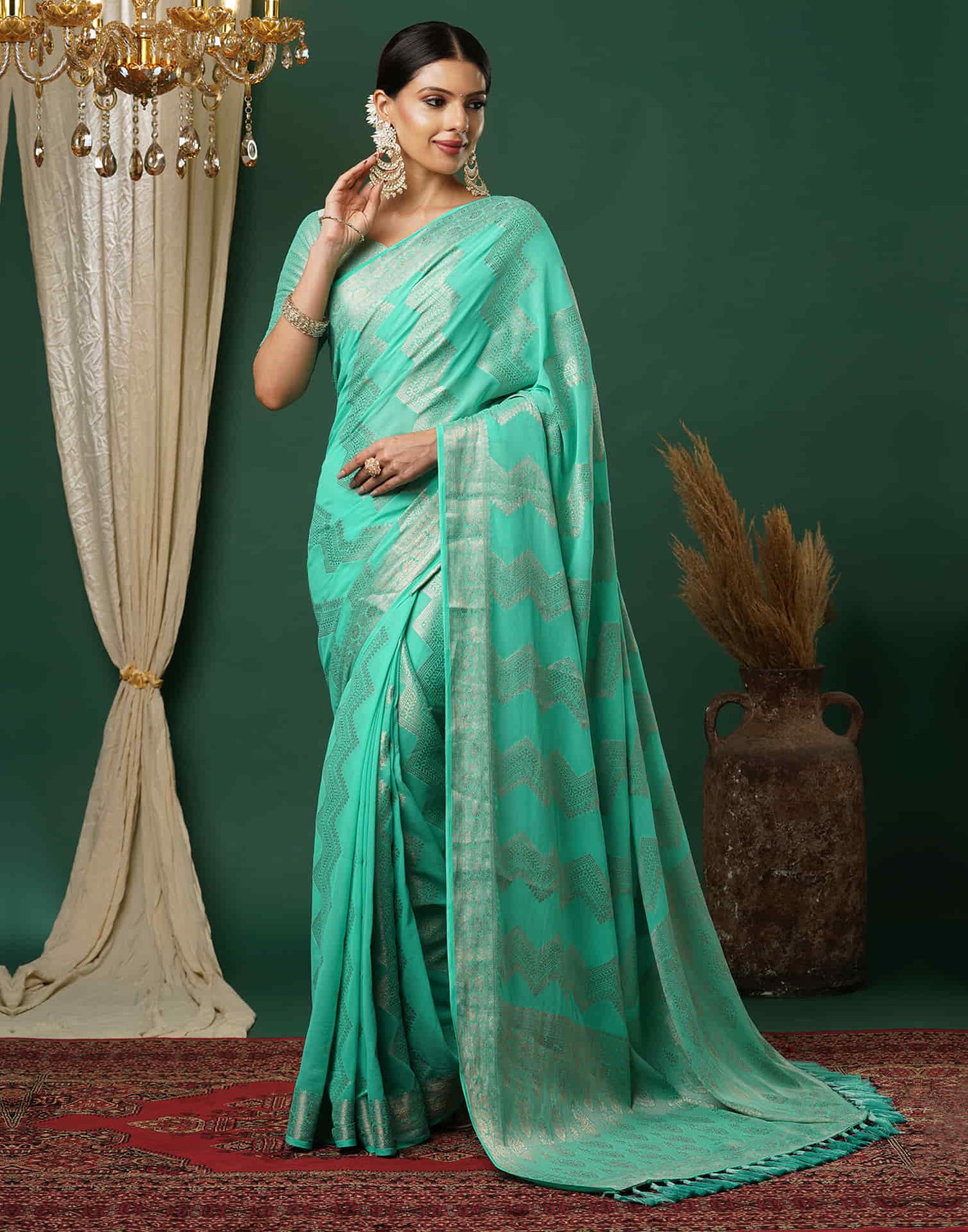 Turquoise Woven Banarasi Georgette Saree