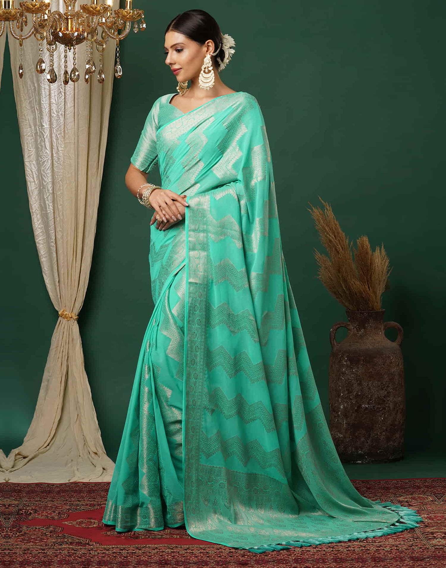 Turquoise Woven Banarasi Georgette Saree