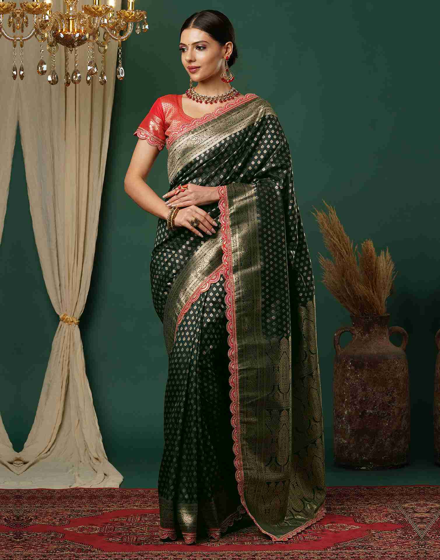 Dark Green Silk Sequence Banarasi Saree