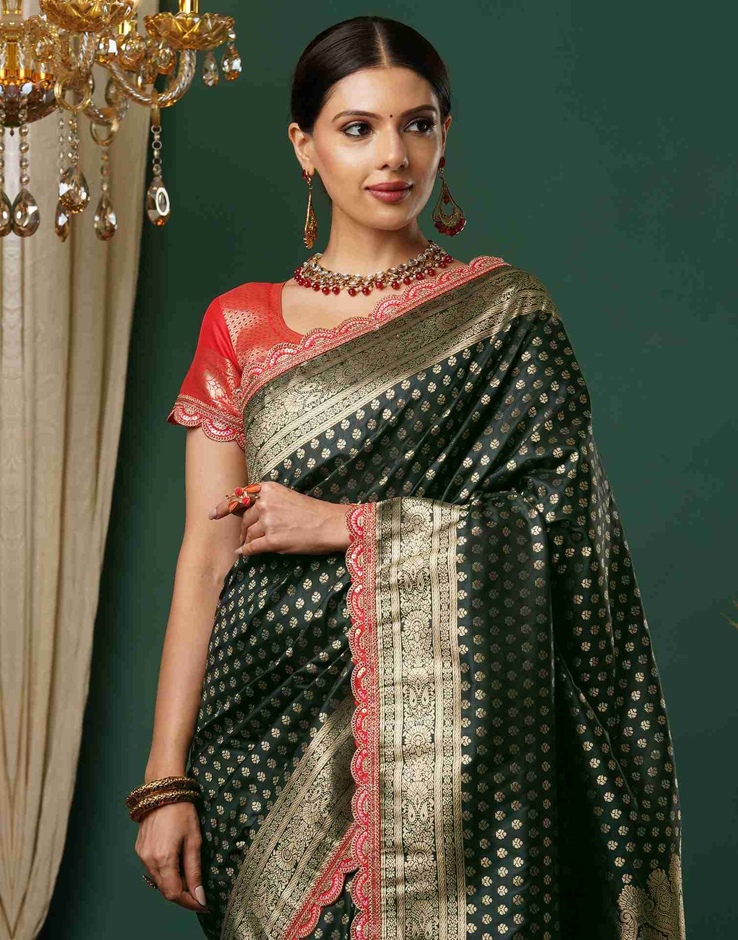 Dark Green Silk Sequence Banarasi Saree