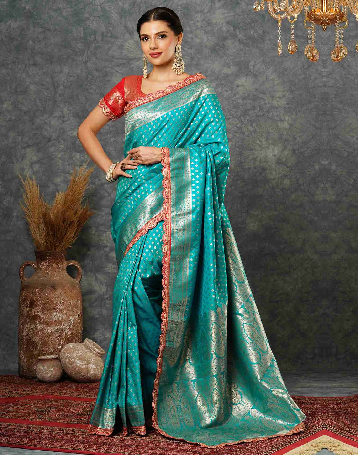 Teal Blue Silk Sequence Banarasi Saree