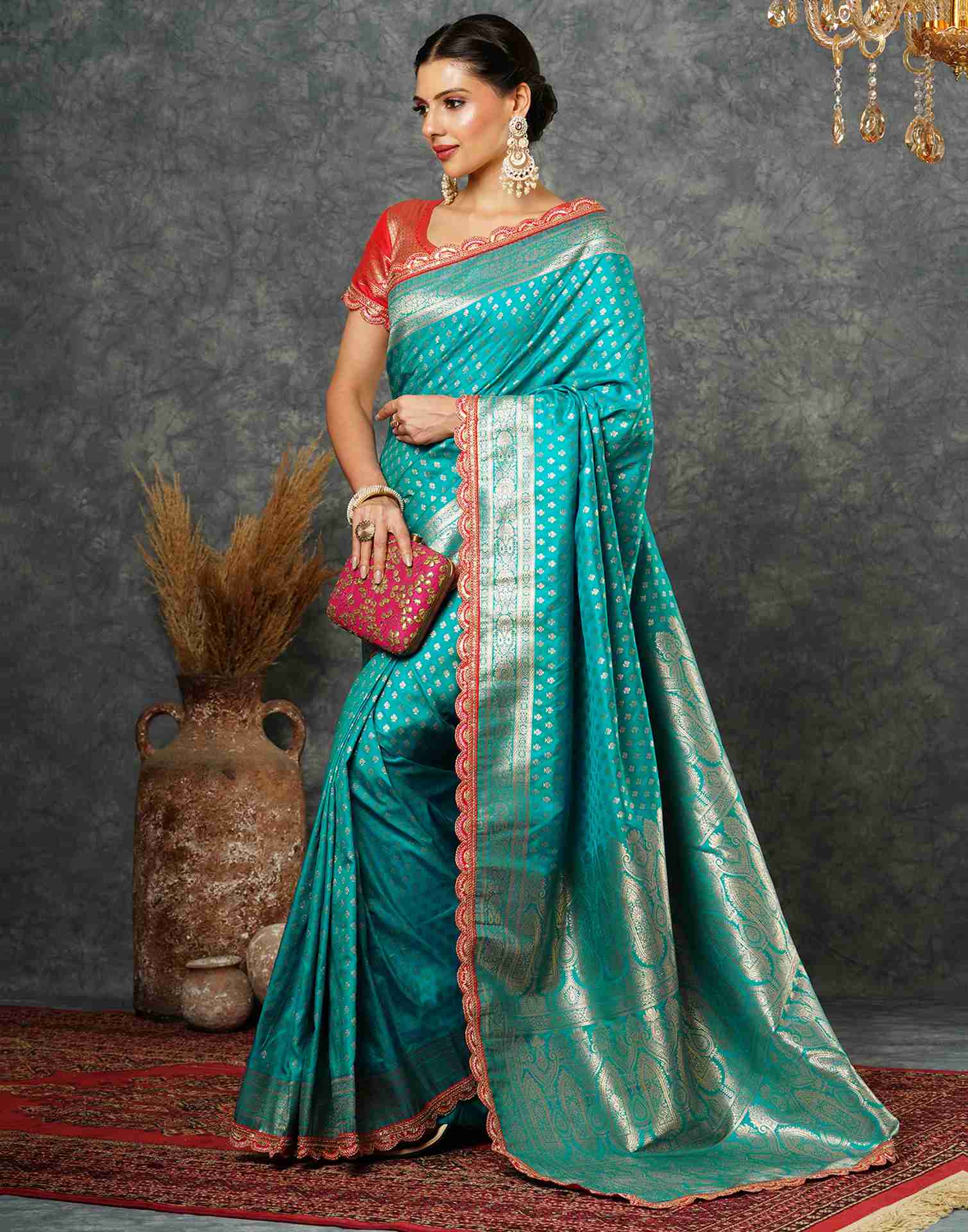 Teal Blue Silk Sequence Banarasi Saree