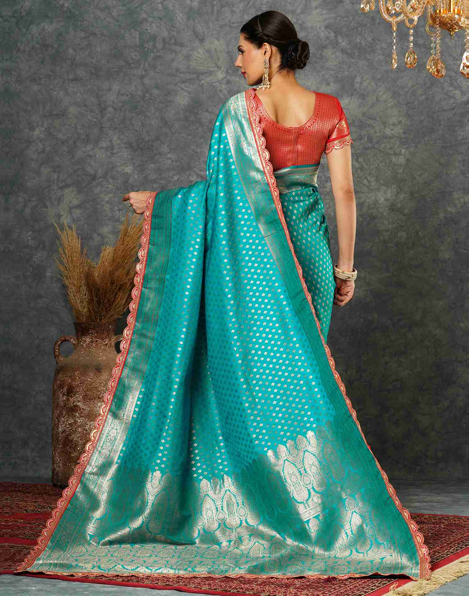 Teal Blue Silk Sequence Banarasi Saree