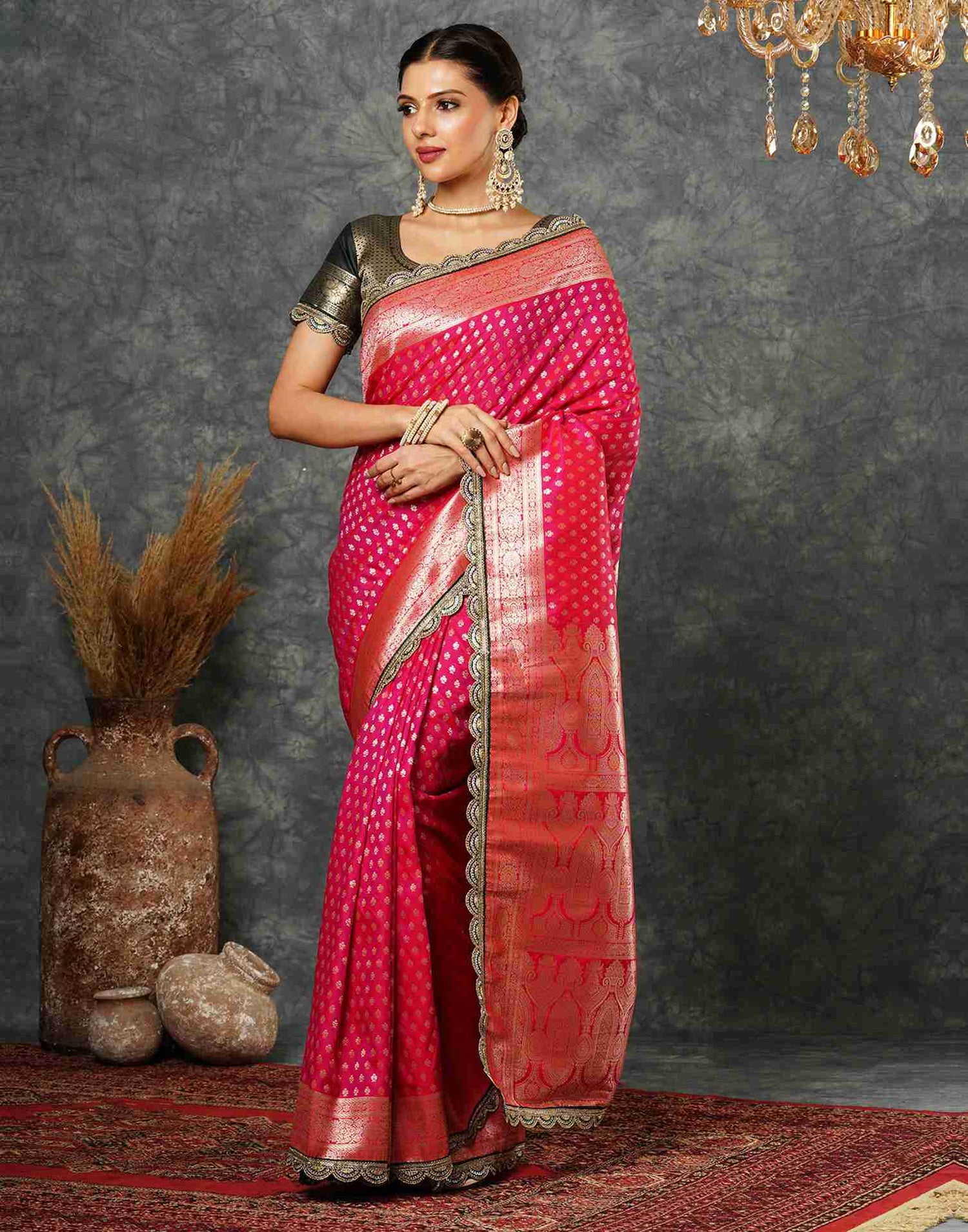 Dark Pink Silk Sequence Banarasi Saree