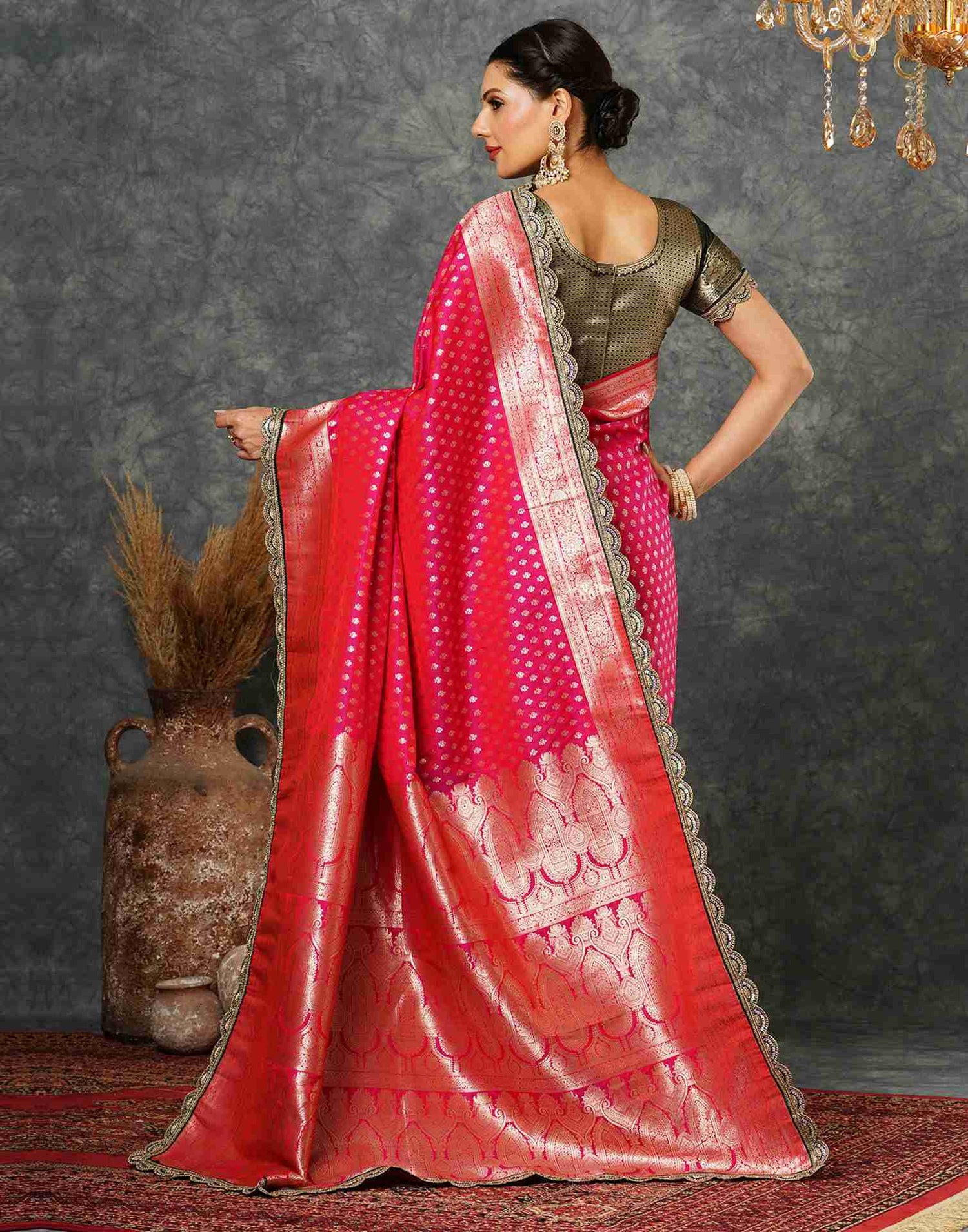 Dark Pink Silk Sequence Banarasi Saree