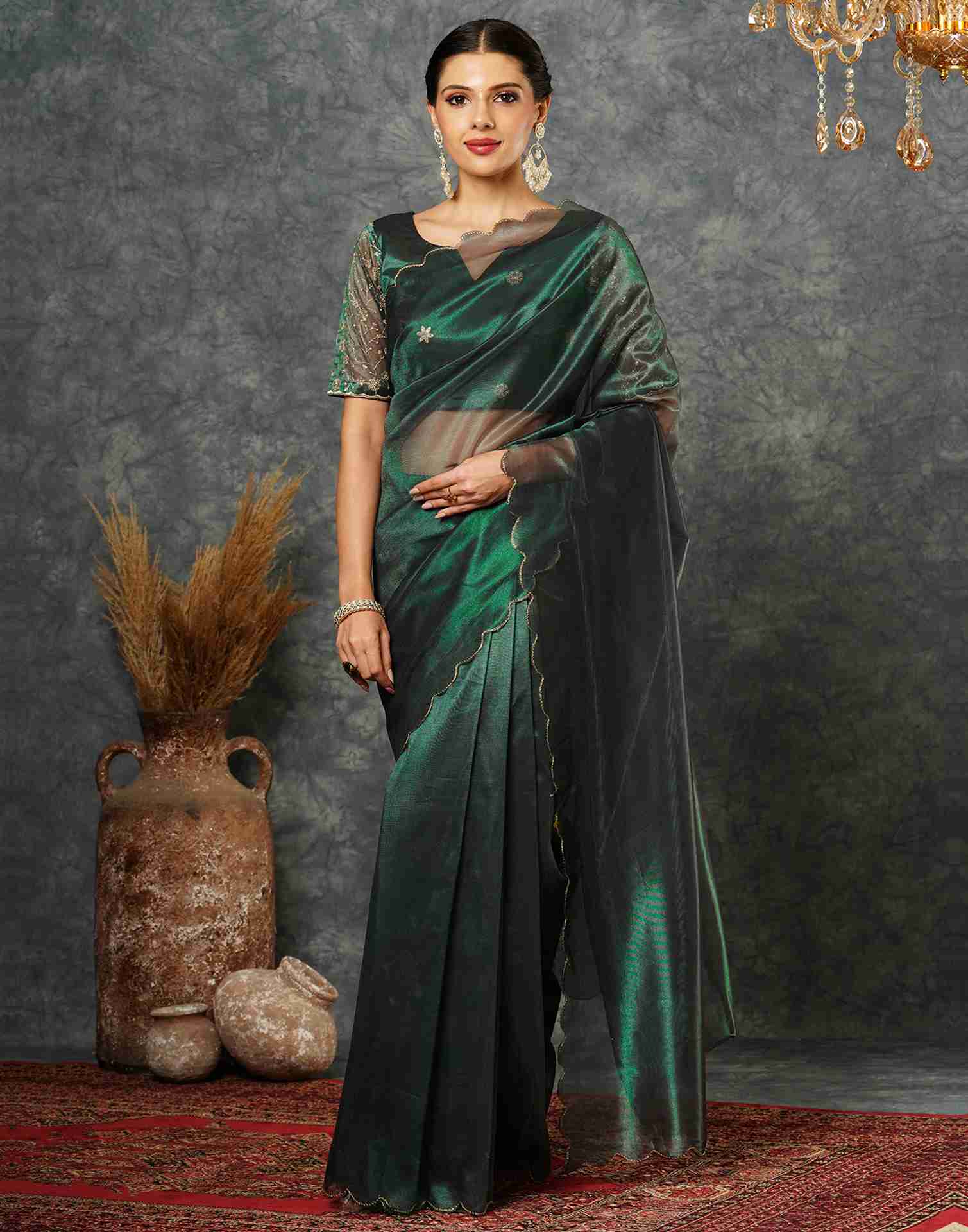 Dark Green Net Embroidery Saree